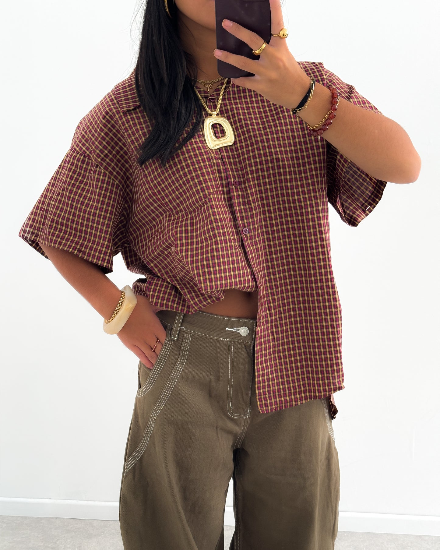 CHECKERED SHIRT WITH ADJUSTABLE SLEEVES - AUBURN