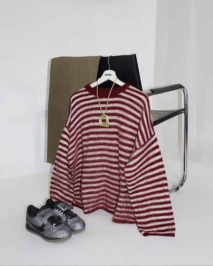 STRIPED FUZZY KNIT - BURGUNDY ECRU PINK