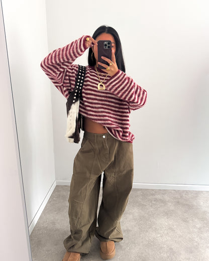 STRIPED FUZZY KNIT - BURGUNDY ECRU PINK