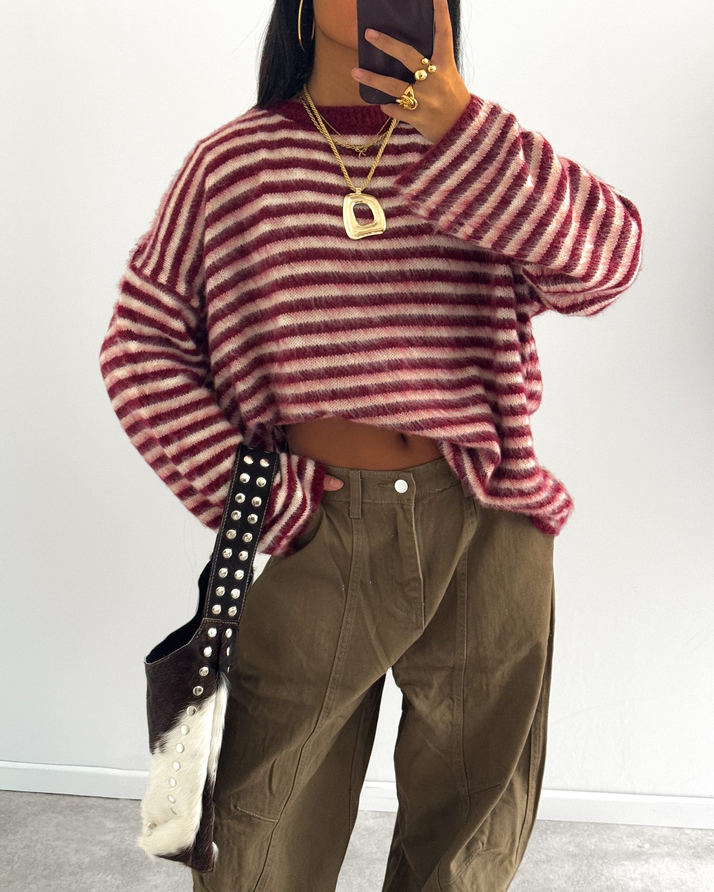 STRIPED FUZZY KNIT - BURGUNDY ECRU PINK