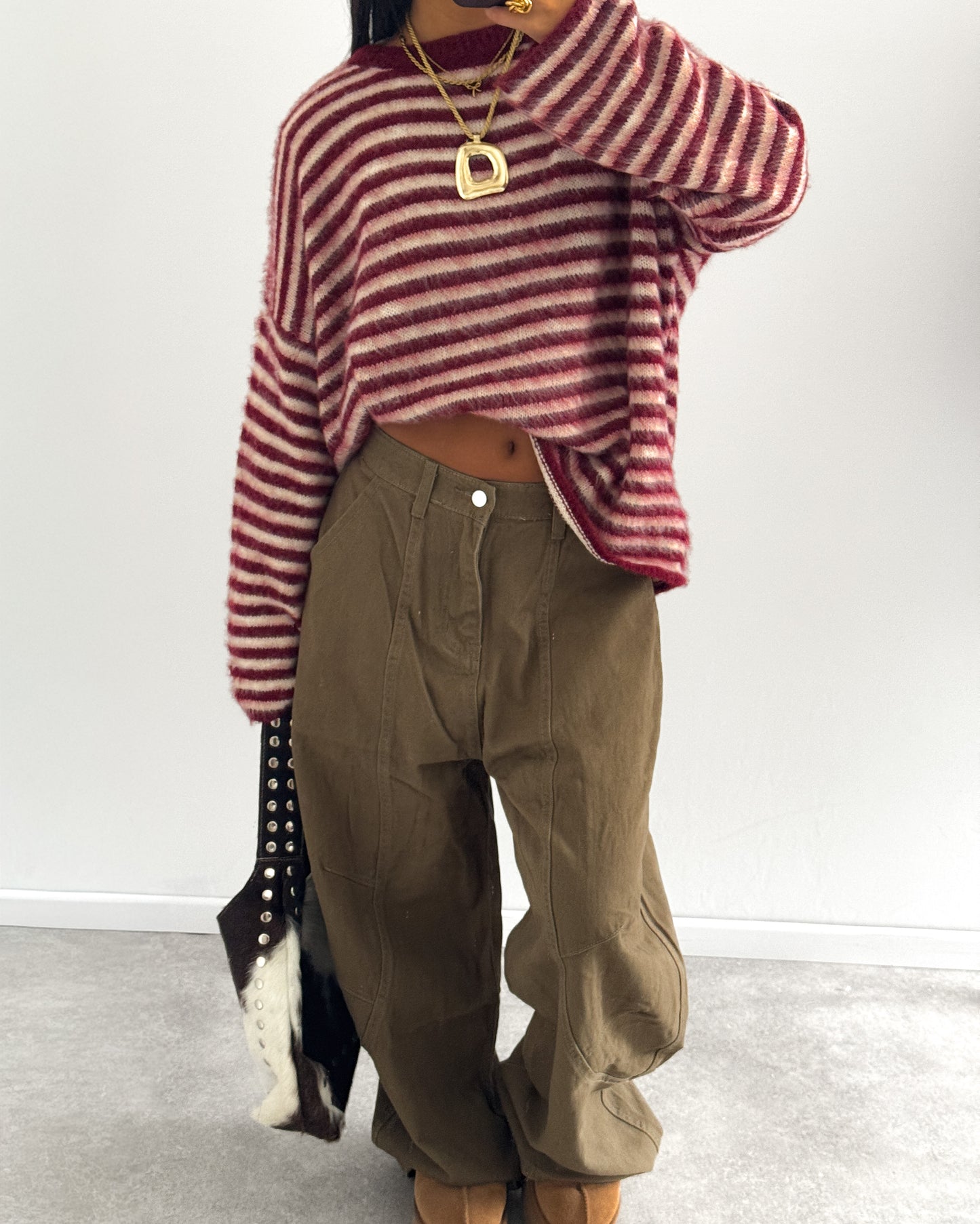 STRIPED FUZZY KNIT - BURGUNDY ECRU PINK