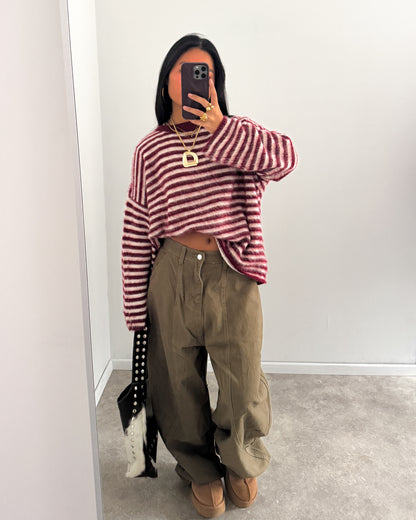 STRIPED FUZZY KNIT - BURGUNDY ECRU PINK