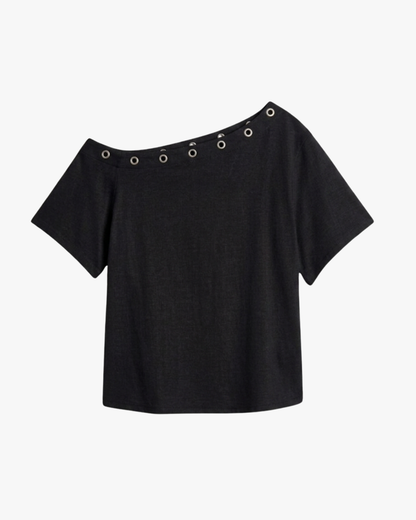 ASYMMETRICAL EYELETS TEE - BLACK