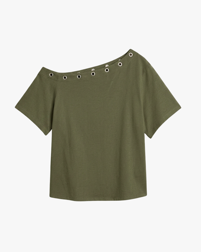 ASYMMETRICAL EYELETS TEE - KHAKI