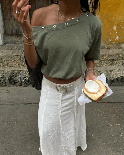 ASYMMETRICAL EYELETS TEE - KHAKI