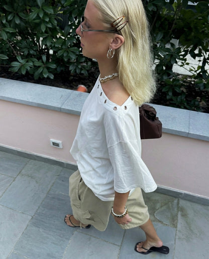 ASYMMETRICAL EYELETS TEE - WHITE