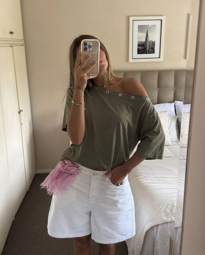 ASYMMETRICAL EYELETS TEE - KHAKI