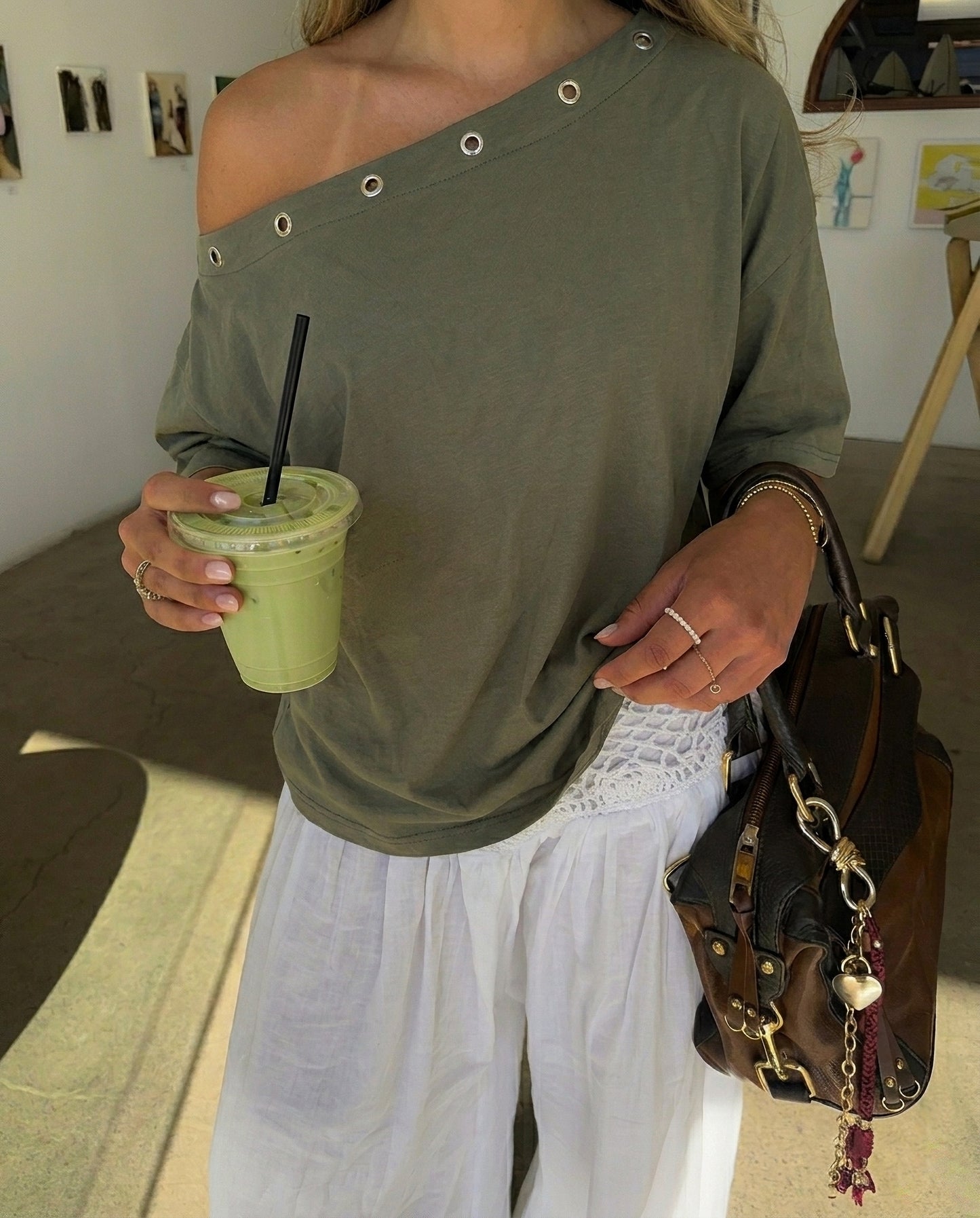 ASYMMETRICAL EYELETS TEE - KHAKI