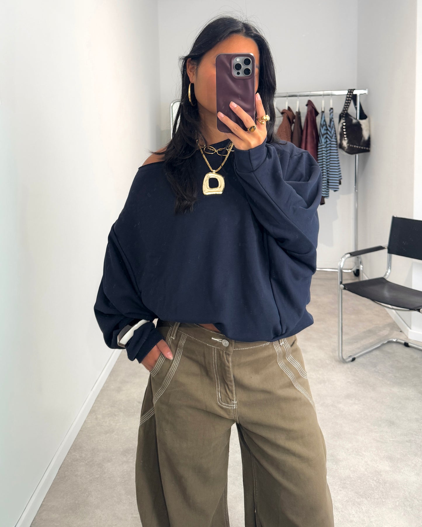 ONE SHOULDER ASYMMETRICAL SWEATER - NAVY