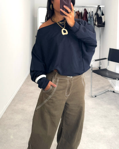 ONE SHOULDER ASYMMETRICAL SWEATER - NAVY