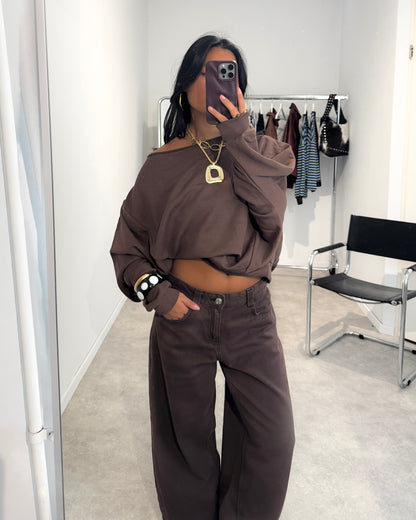 ONE SHOULDER ASYMMETRICAL SWEATER - BROWN