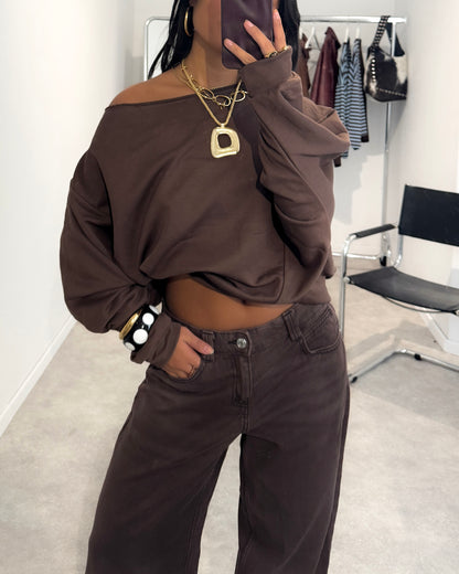 ONE SHOULDER ASYMMETRICAL SWEATER - BROWN