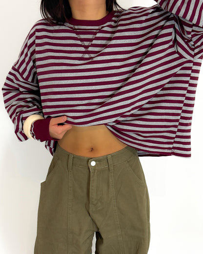 STRIPED SWEATER LONGSLEEVE - BURGUNDY/GREY