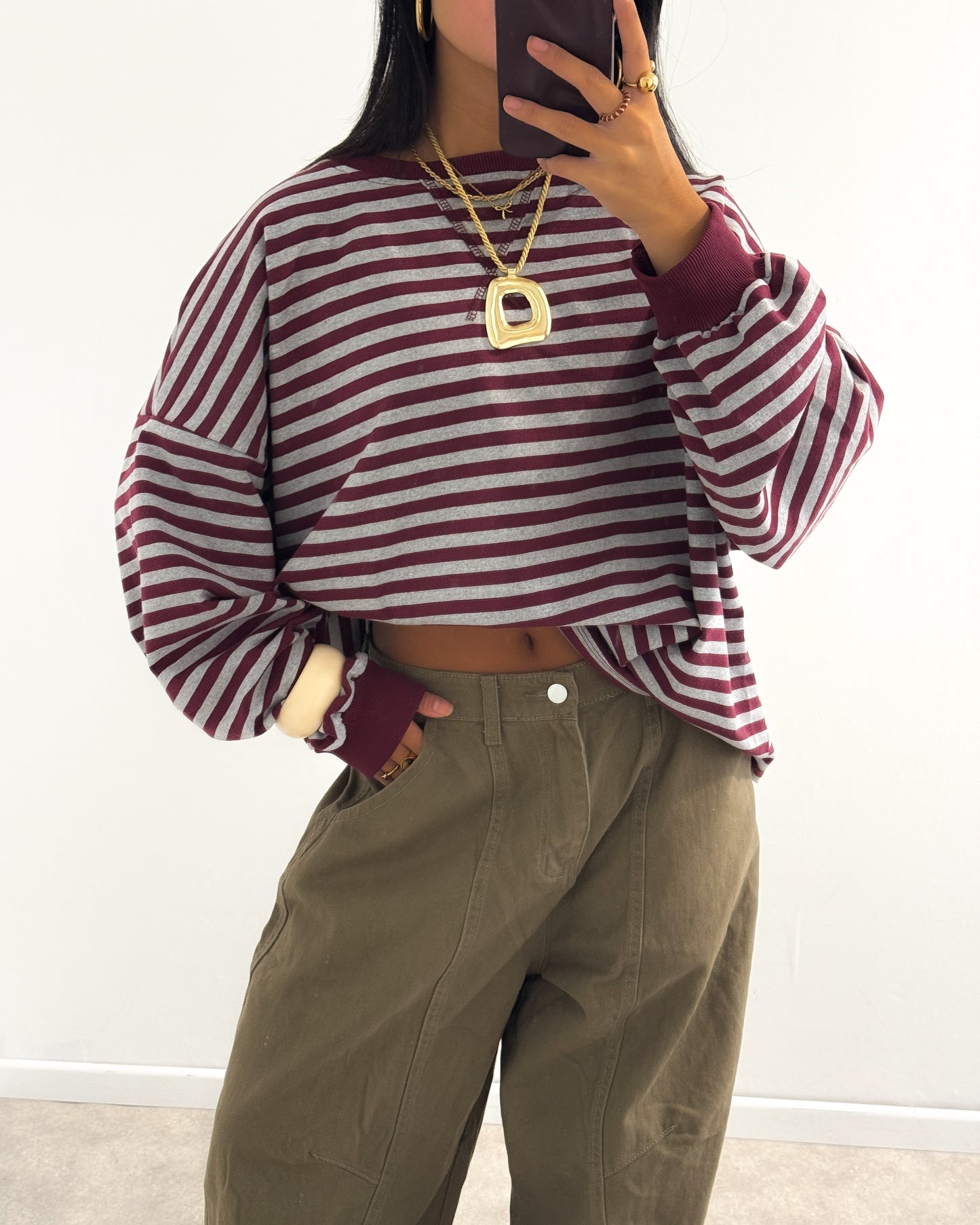 STRIPED SWEATER LONGSLEEVE - BURGUNDY/GREY