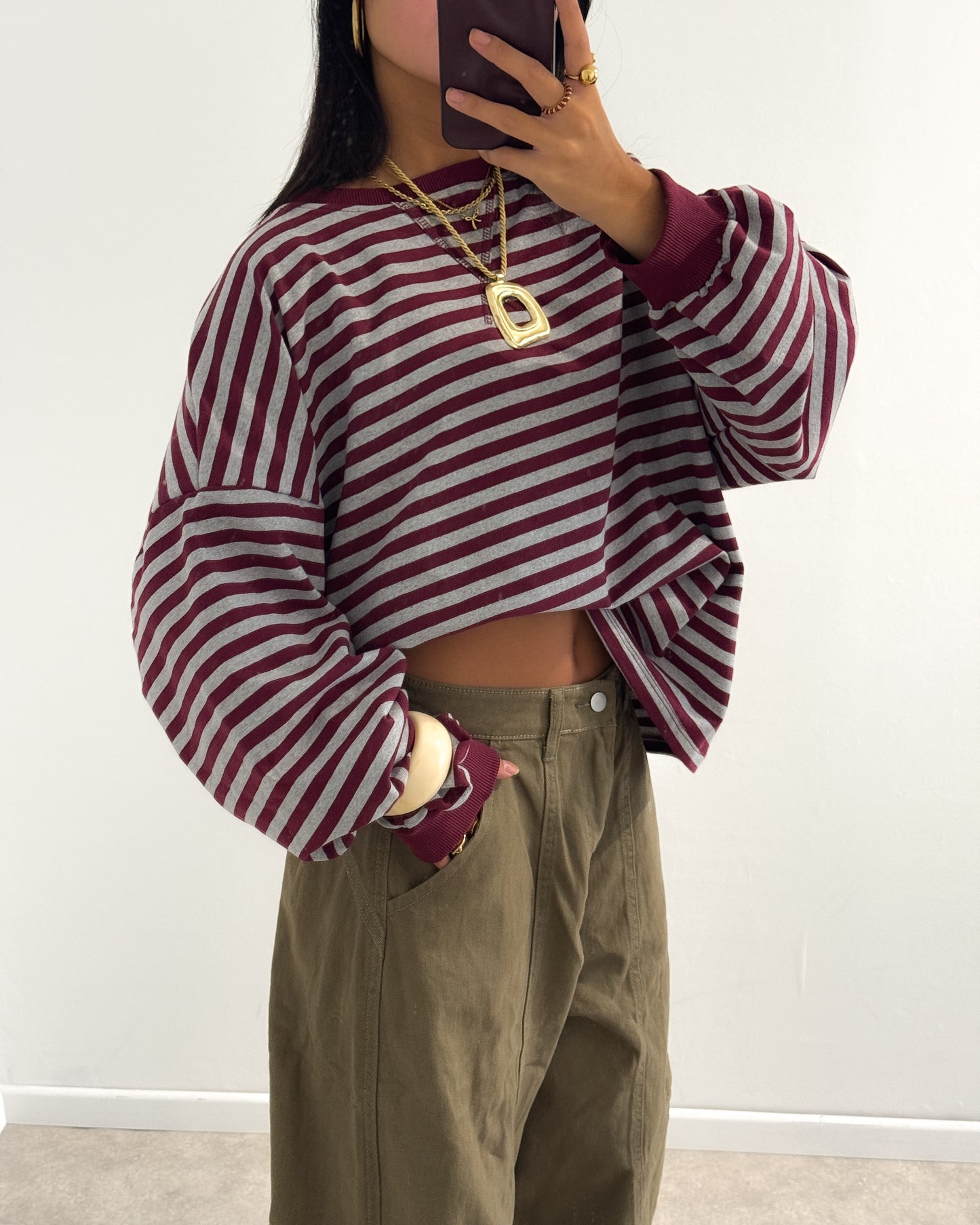 STRIPED SWEATER LONGSLEEVE - BURGUNDY/GREY