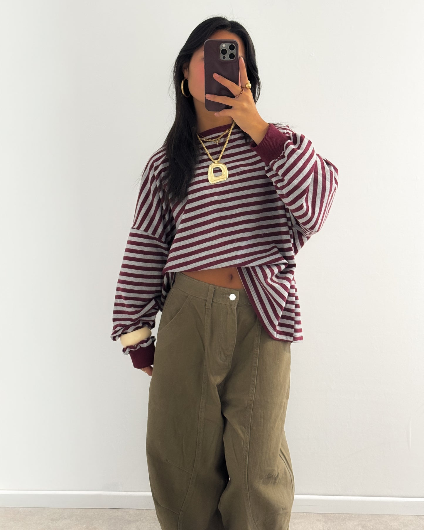 STRIPED SWEATER LONGSLEEVE - BURGUNDY/GREY