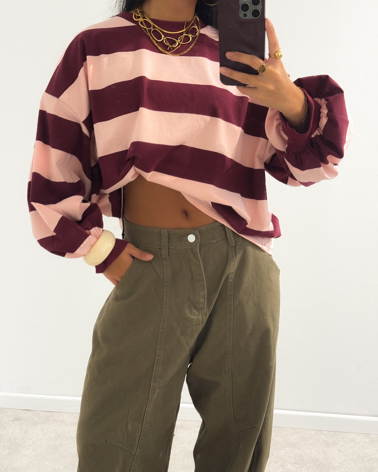 BOLD STRIPED SWEATER LONGSLEEVE - BURGUNDY/PINK