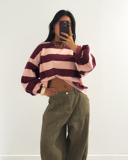 BOLD STRIPED SWEATER LONGSLEEVE - BURGUNDY/PINK