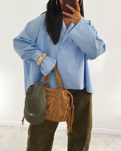 POPLIN SHIRT WITH ASYMMETRIC OPEN COLLAR - BLUE