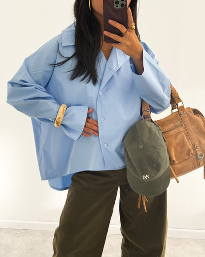 POPLIN SHIRT WITH ASYMMETRIC OPEN COLLAR - BLUE