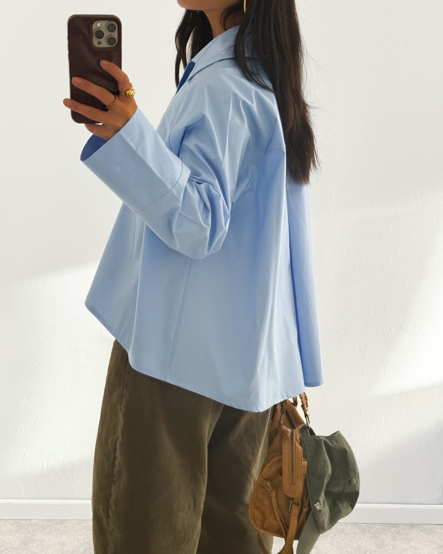 POPLIN SHIRT WITH ASYMMETRIC OPEN COLLAR - BLUE