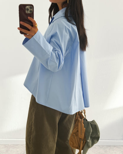 POPLIN SHIRT WITH ASYMMETRIC OPEN COLLAR - BLUE