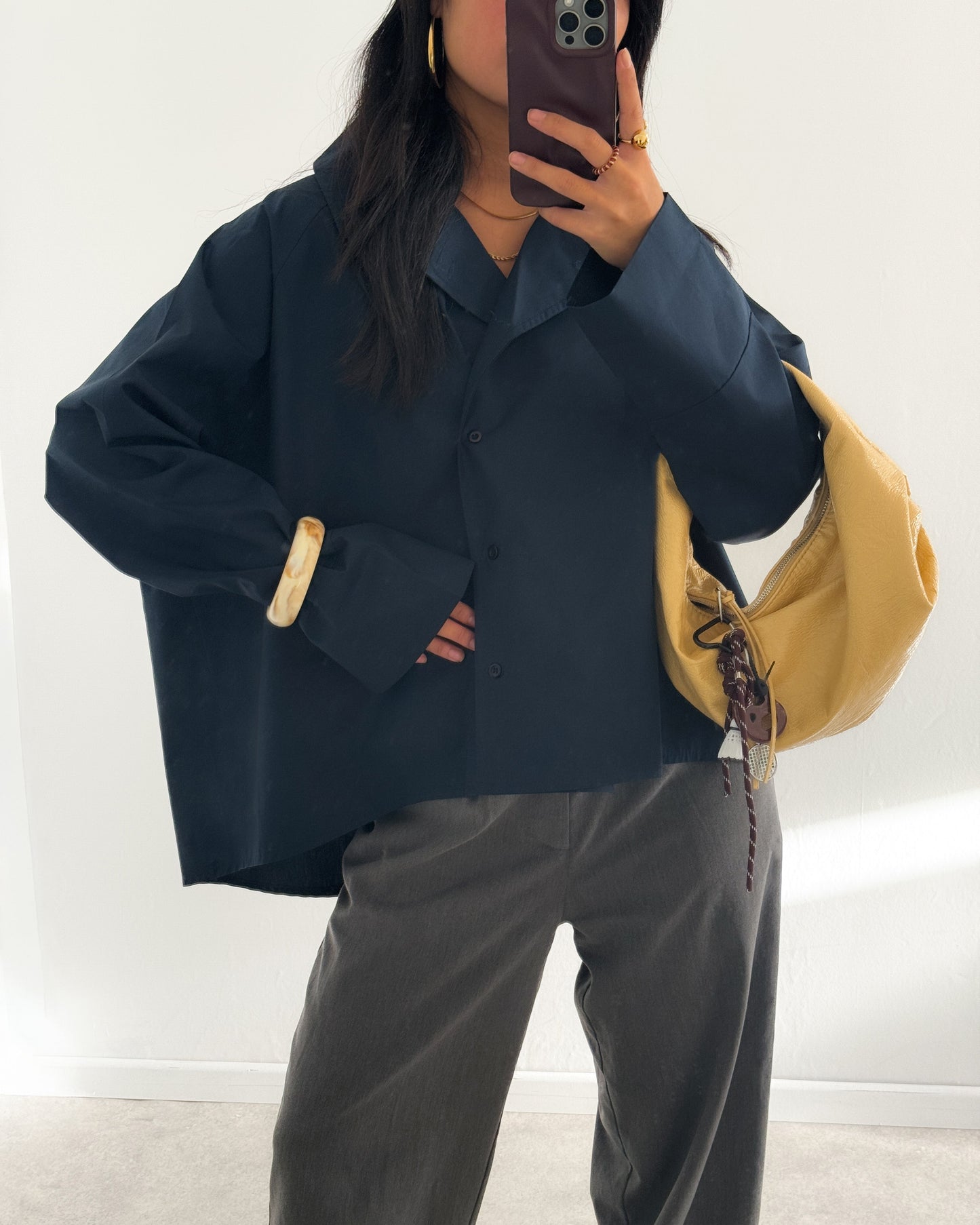 POPLIN SHIRT WITH ASYMMETRIC OPEN COLLAR - MARINE/NAVY