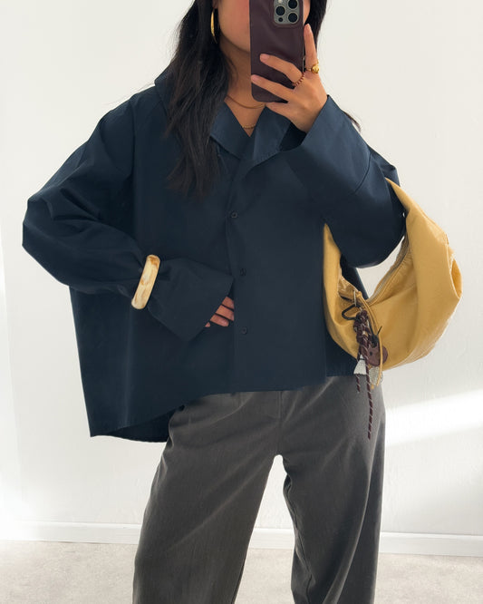 POPLIN SHIRT WITH ASYMMETRIC OPEN COLLAR - MARINE/NAVY