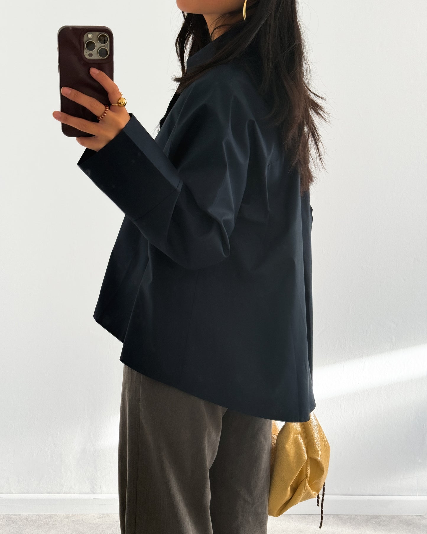 POPLIN SHIRT WITH ASYMMETRIC OPEN COLLAR - MARINE/NAVY