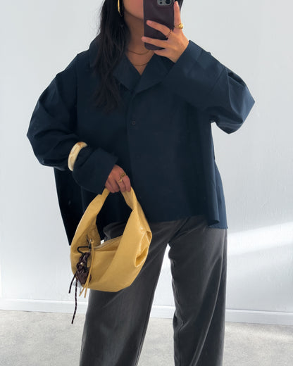 POPLIN SHIRT WITH ASYMMETRIC OPEN COLLAR - MARINE/NAVY