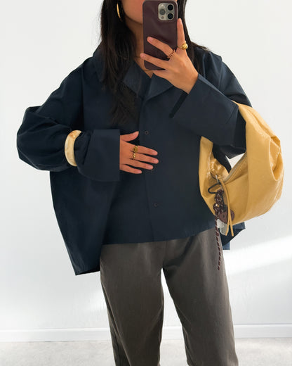 POPLIN SHIRT WITH ASYMMETRIC OPEN COLLAR - MARINE/NAVY