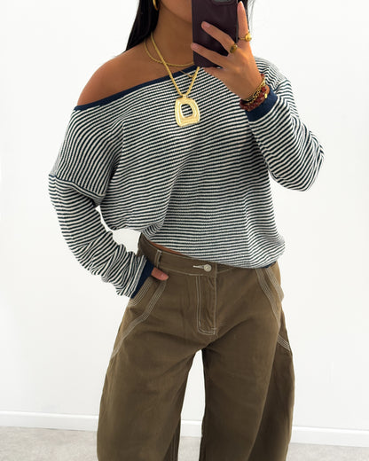 STRIPED ONE SHOULDER ASYMMETRICAL TOP - NAVY