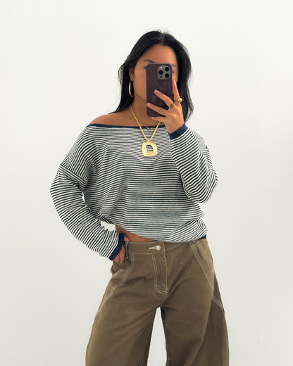 STRIPED ONE SHOULDER ASYMMETRICAL TOP - NAVY