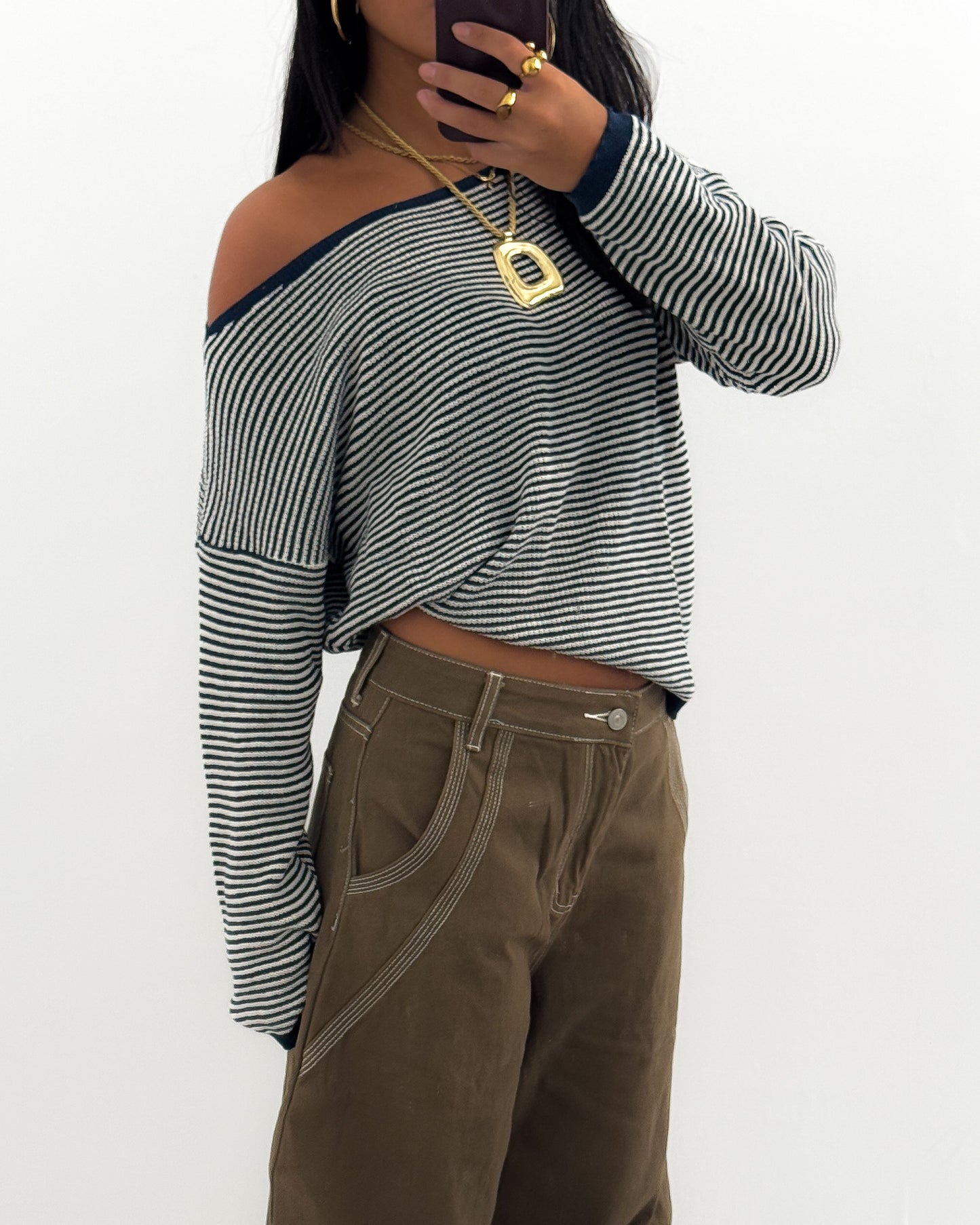 STRIPED ONE SHOULDER ASYMMETRICAL TOP - NAVY