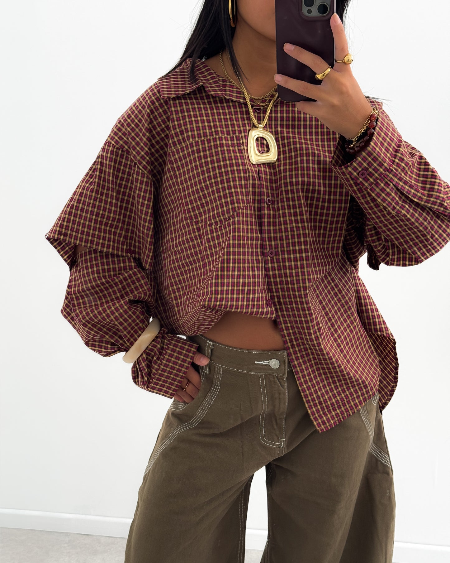 CHECKERED SHIRT WITH ADJUSTABLE SLEEVES - AUBURN