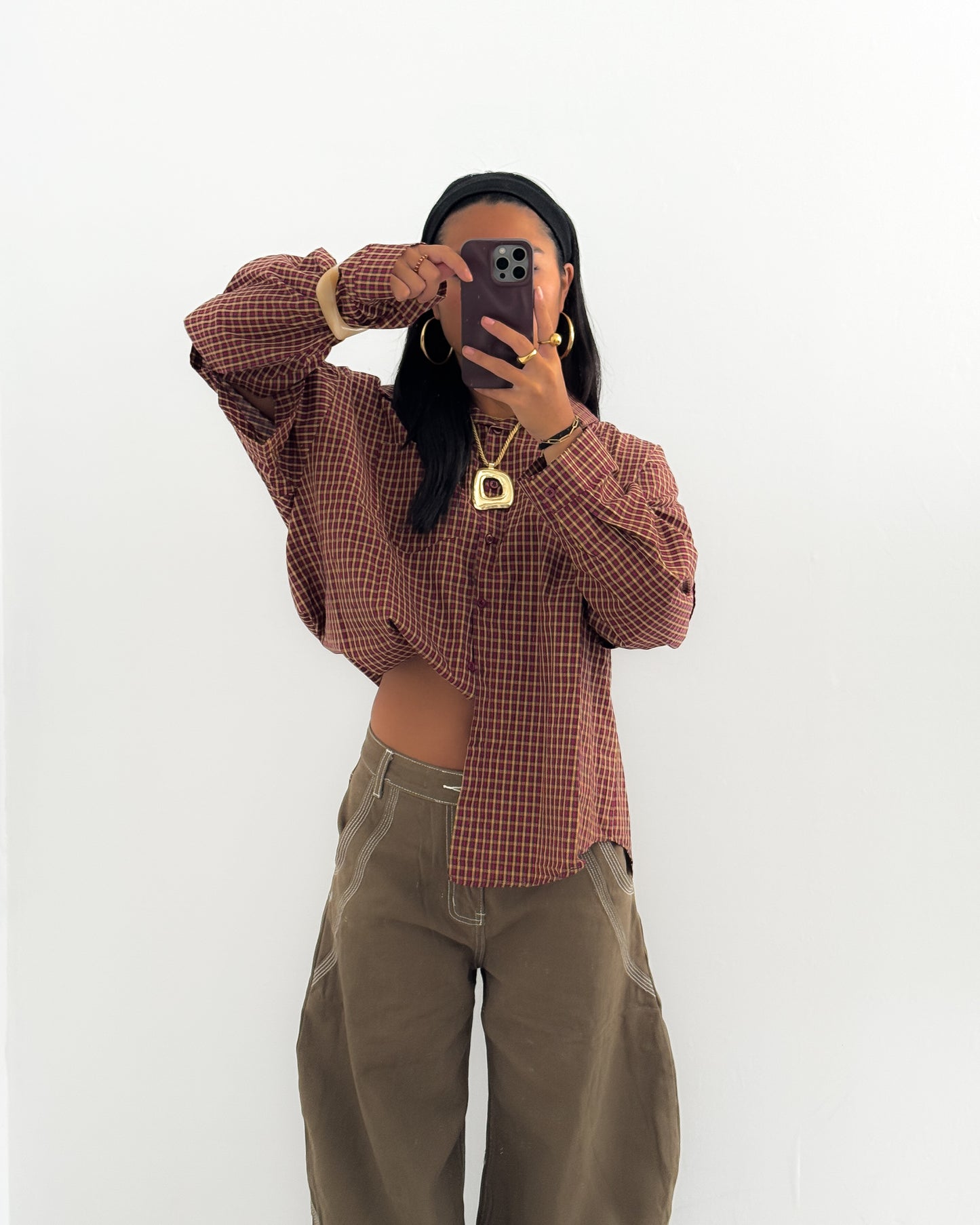 CHECKERED SHIRT WITH ADJUSTABLE SLEEVES - AUBURN