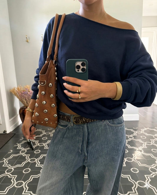 ONE SHOULDER ASYMMETRICAL SWEATER - NAVY