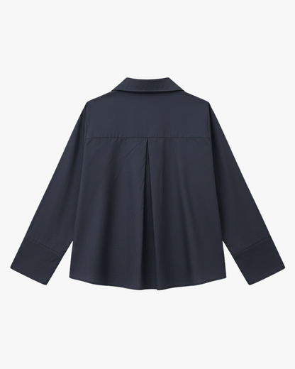 POPLIN SHIRT WITH ASYMMETRIC OPEN COLLAR - MARINE/NAVY