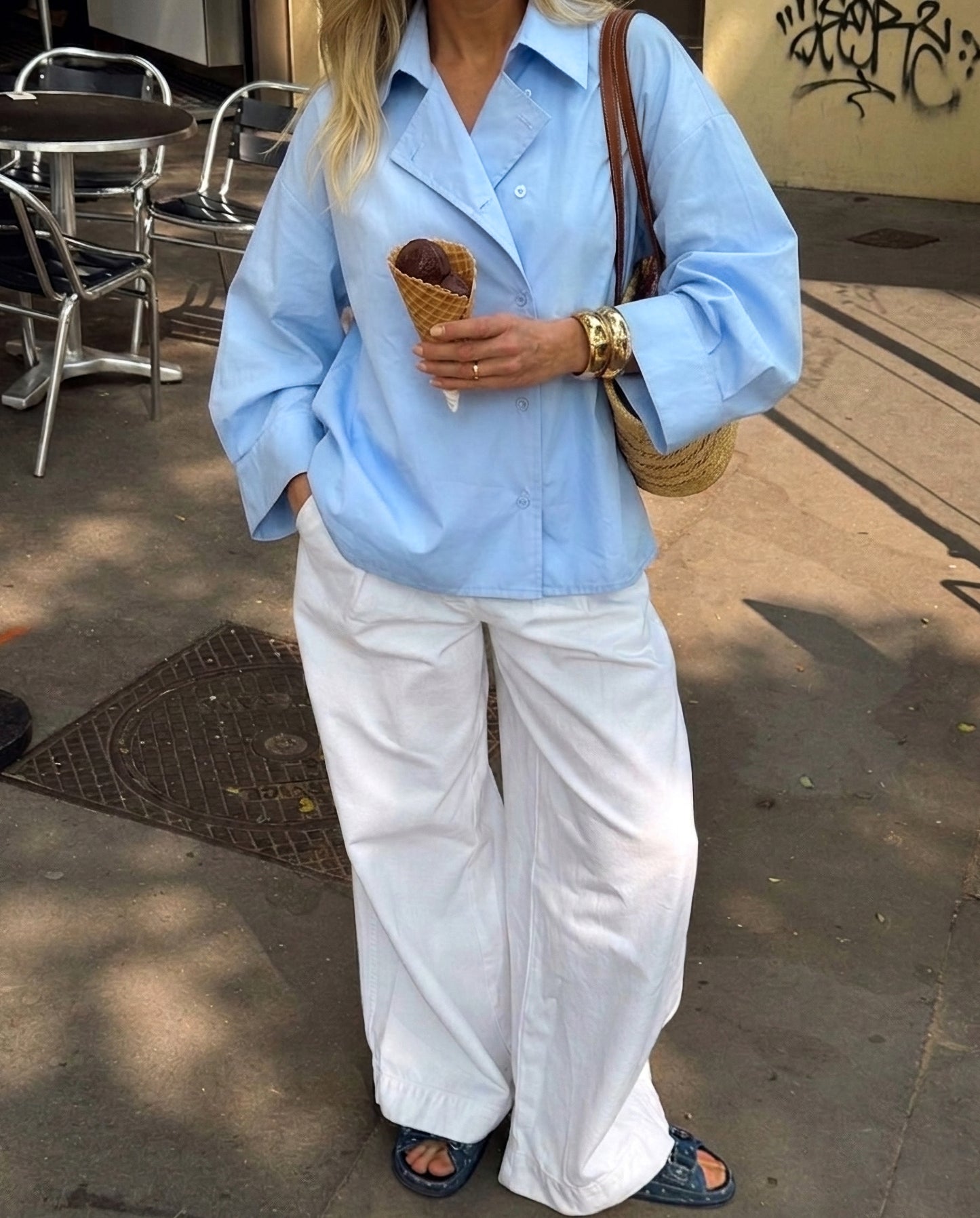 POPLIN SHIRT WITH ASYMMETRIC OPEN COLLAR - BLUE
