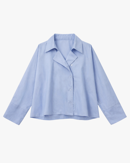 POPLIN SHIRT WITH ASYMMETRIC OPEN COLLAR - BLUE