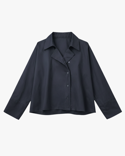 POPLIN SHIRT WITH ASYMMETRIC OPEN COLLAR - MARINE/NAVY
