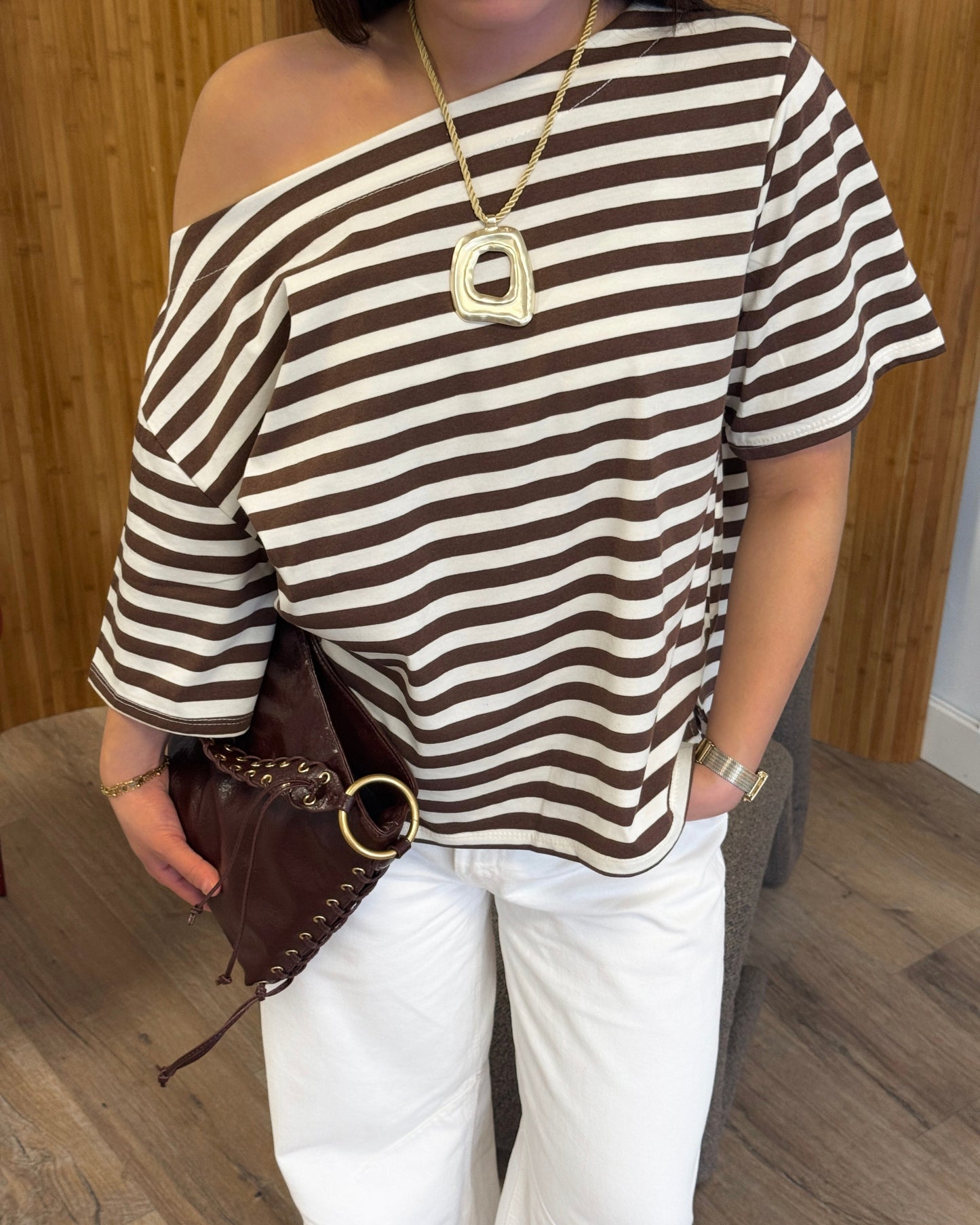 STRIPED ASYMMETRICAL TEE - BROWN/WHITE