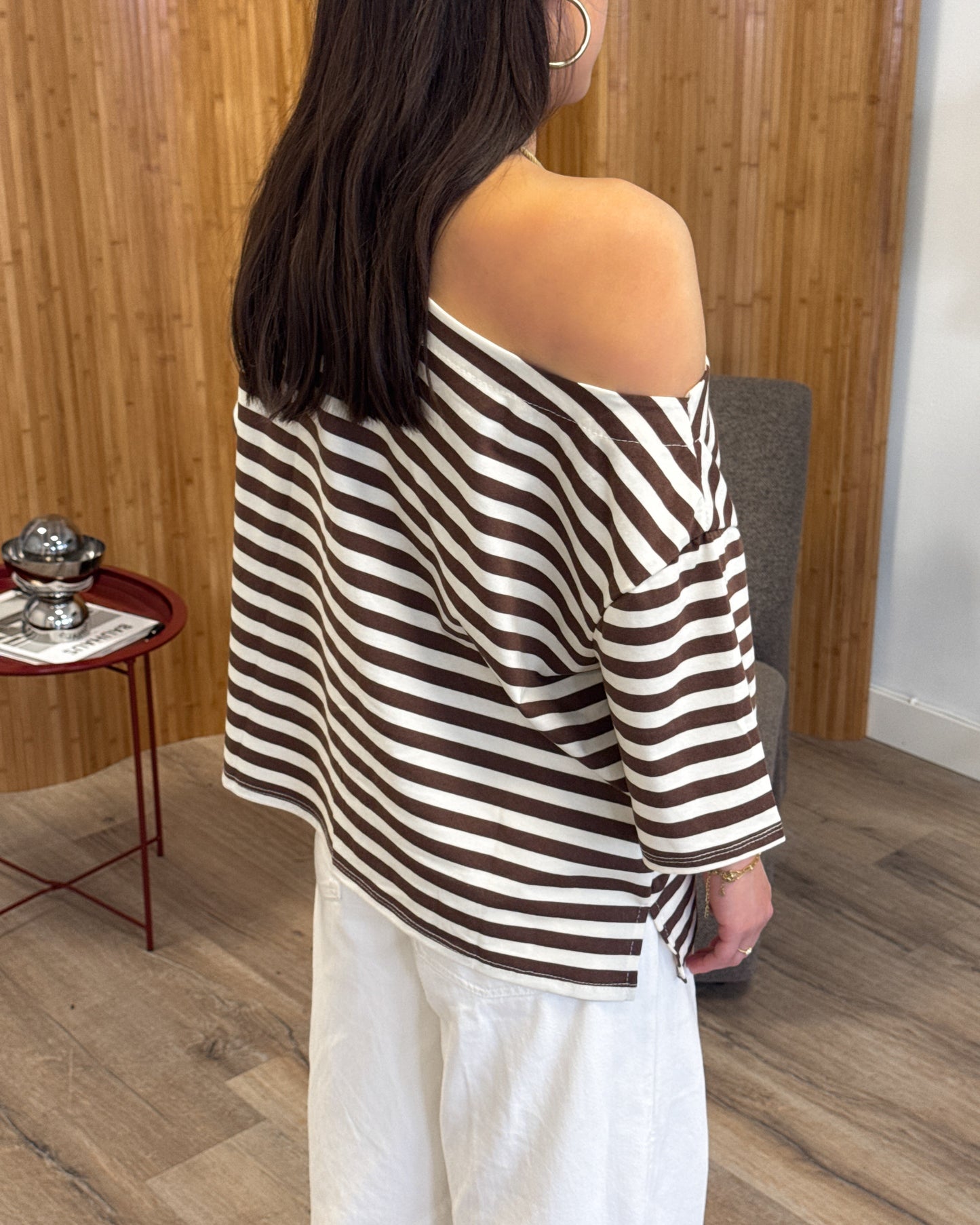 STRIPED ASYMMETRICAL TEE - BROWN/WHITE