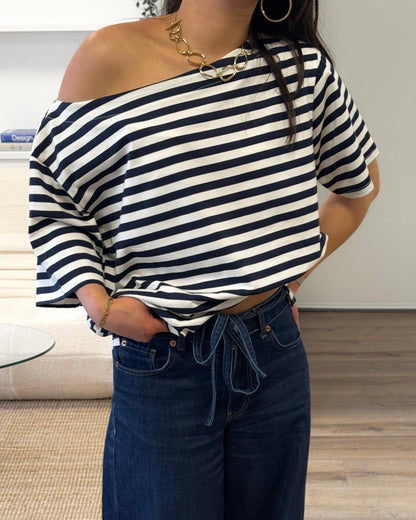 STRIPED ASYMMETRICAL TEE - NAVY/WHITE