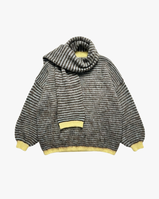 STRIPED FUZZY KNIT WITH SCARF - CHOCO