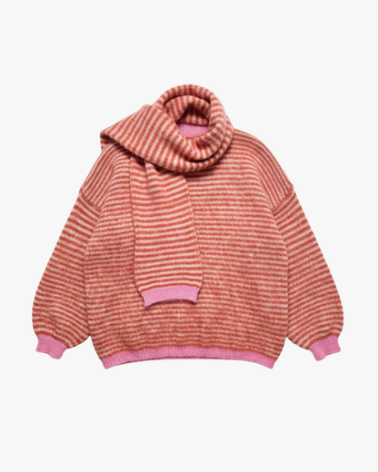 STRIPED FUZZY KNIT WITH SCARF - CORAL