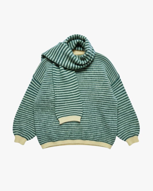 STRIPED FUZZY KNIT WITH SCARF - GREEN