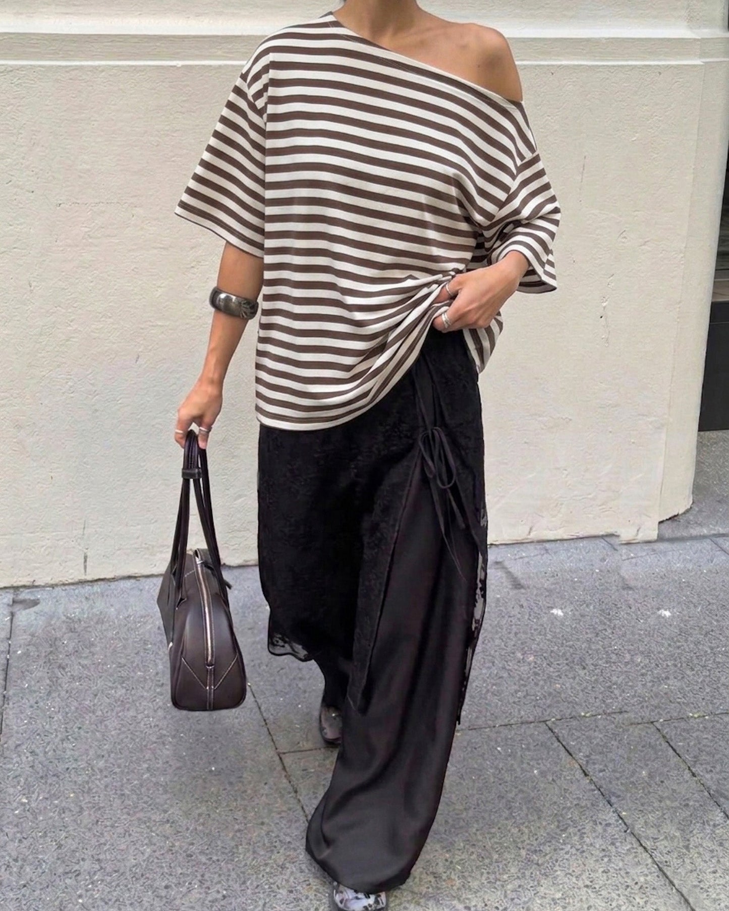 STRIPED ASYMMETRICAL TEE - BROWN/WHITE