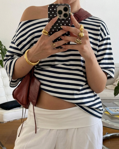 STRIPED ASYMMETRICAL TEE - NAVY/WHITE