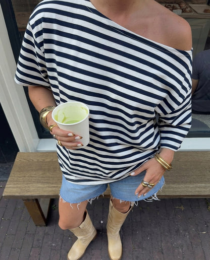 STRIPED ASYMMETRICAL TEE - NAVY/WHITE